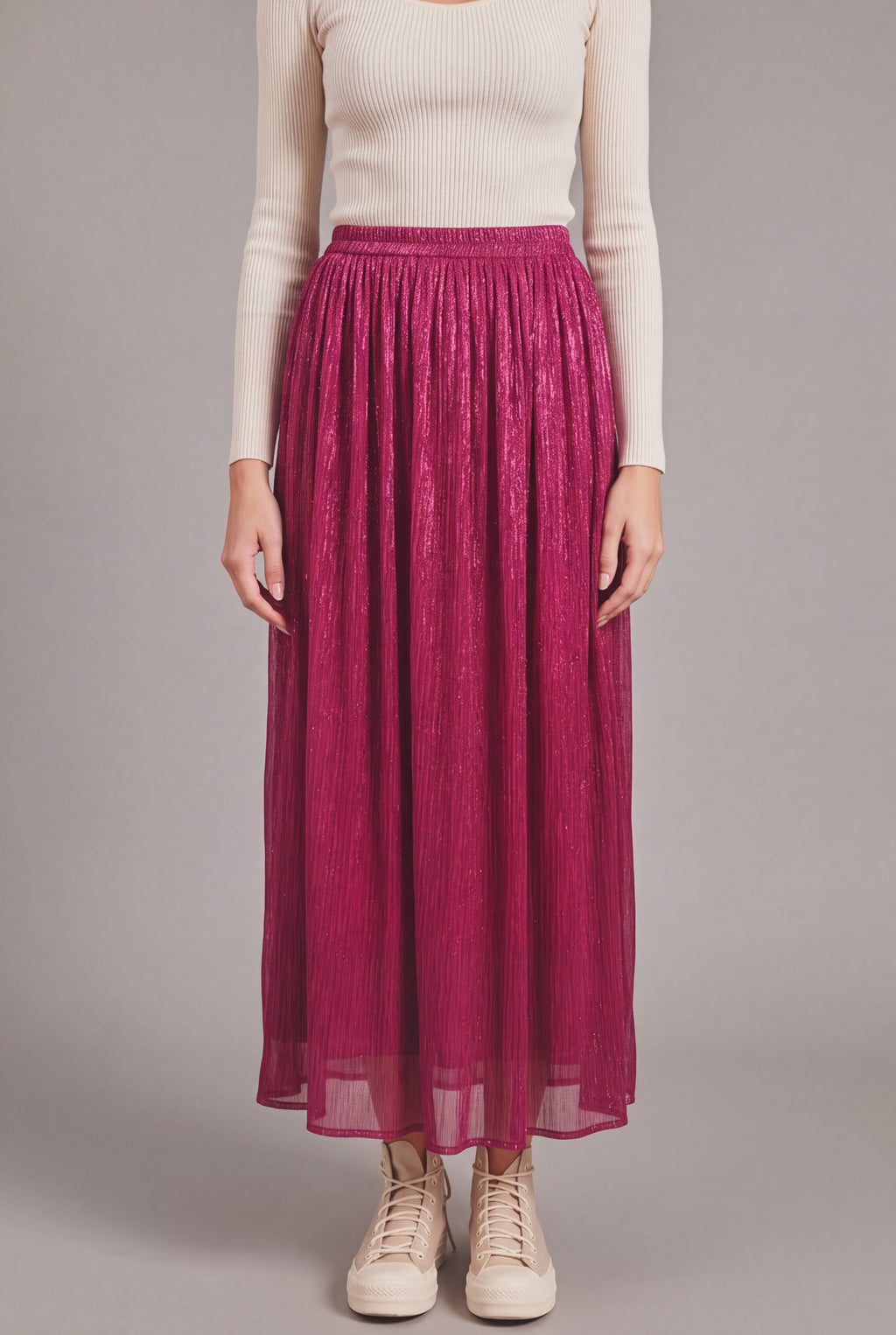 Close view of the Win My Heart Sparkle Pleated Maxi Skirt waistband, pleats, and shimmer.