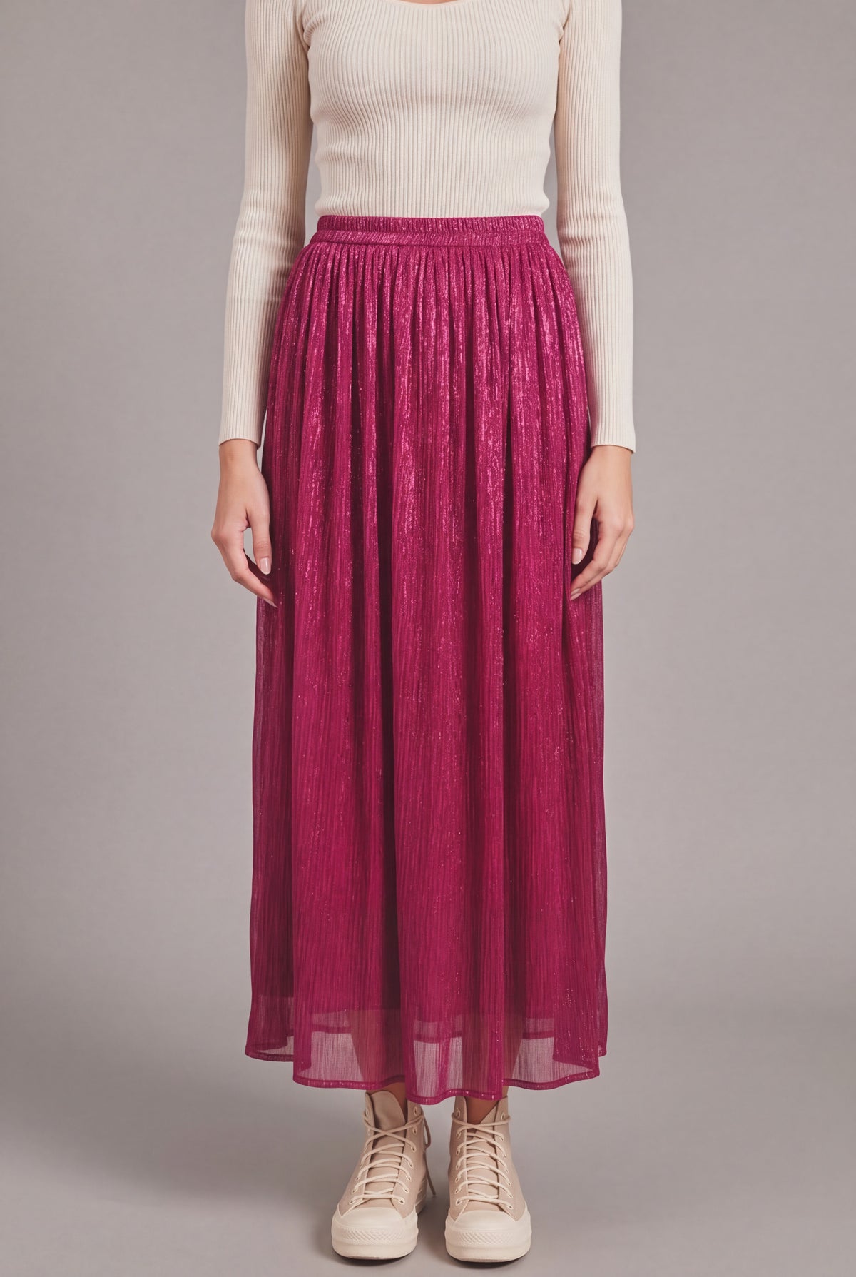 Close view of the Win My Heart Sparkle Pleated Maxi Skirt waistband, pleats, and shimmer.