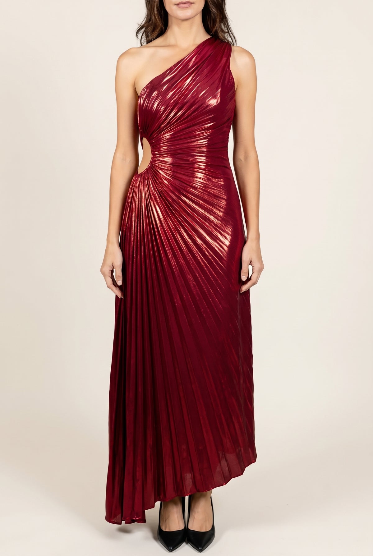 Front fit of the Give Me Everything Tonight Wine Maxi Dress in Small, showing its one-shoulder silhouette.