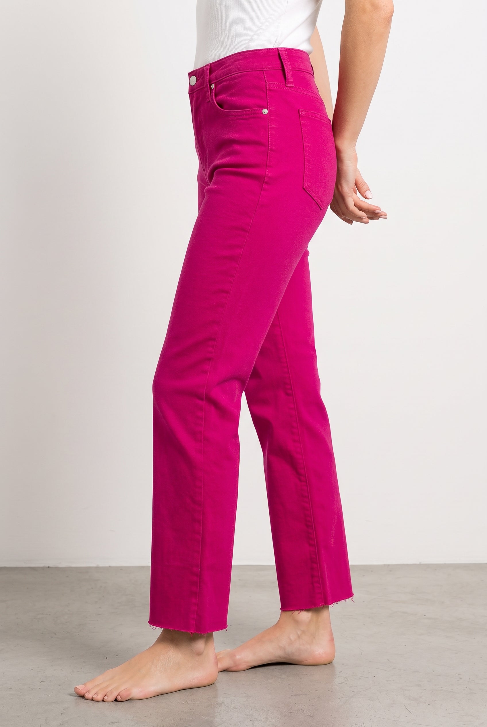 Bright Side High Rise Straight Pants in an angled side view showing the high rise and straight-leg fit.