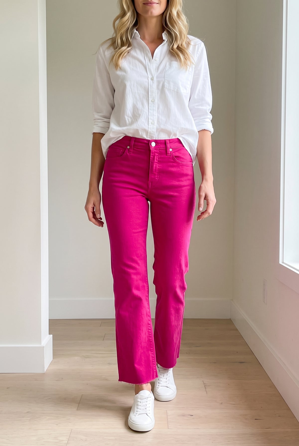 Bright Side High Rise Straight Pants styled with white sneakers, showing the cropped raw hem in an everyday outfit.