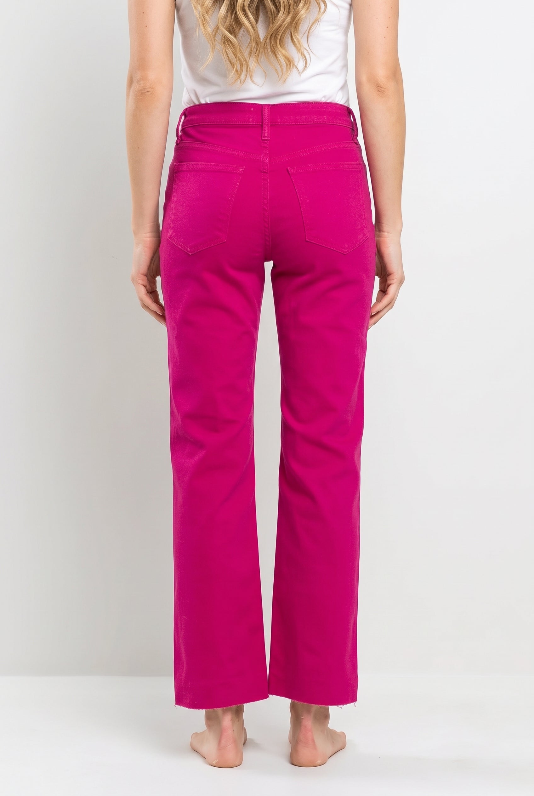 Bright Side High Rise Straight Pants from the back, showing the waistband, patch pockets, and cropped hems.