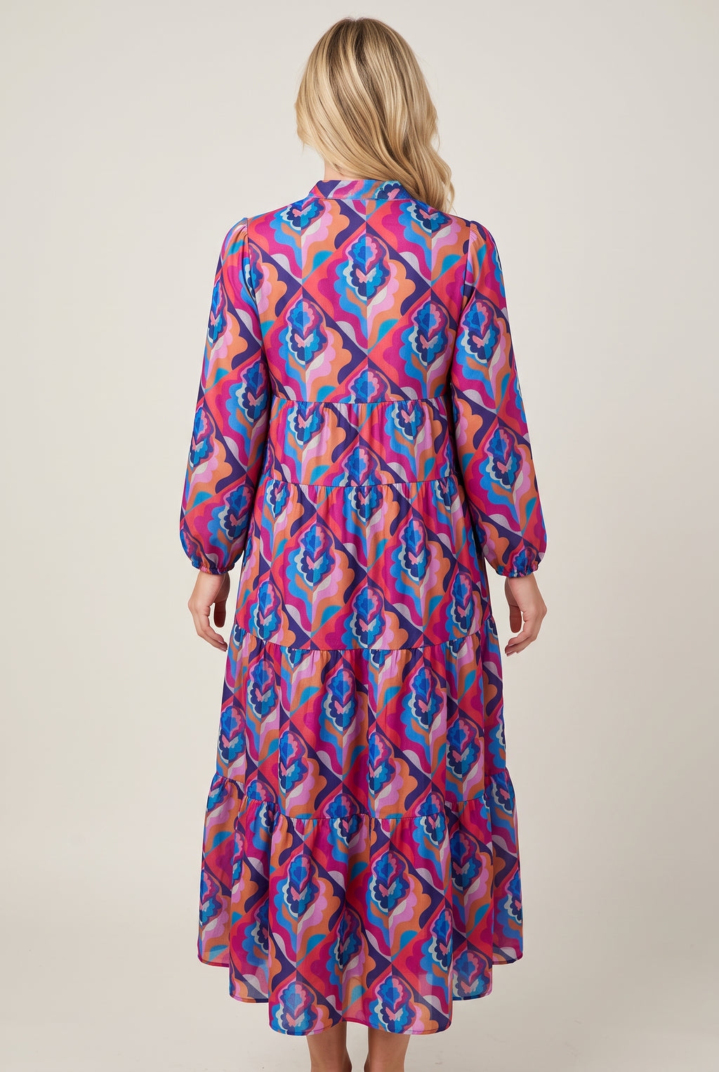 Best-guess back view of the Calling You tiered maxi dress in Small Blue.