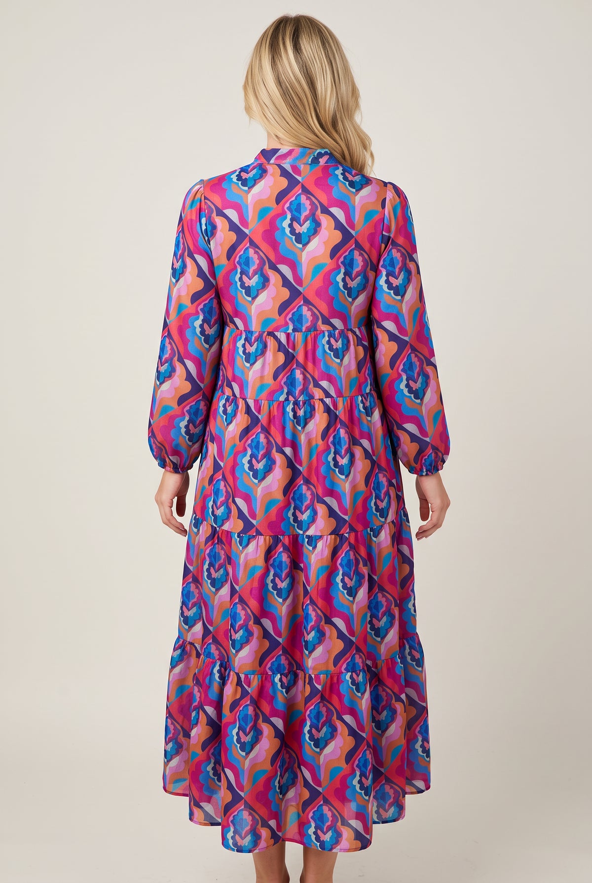 Best-guess back view of the Calling You tiered maxi dress in Small Blue.