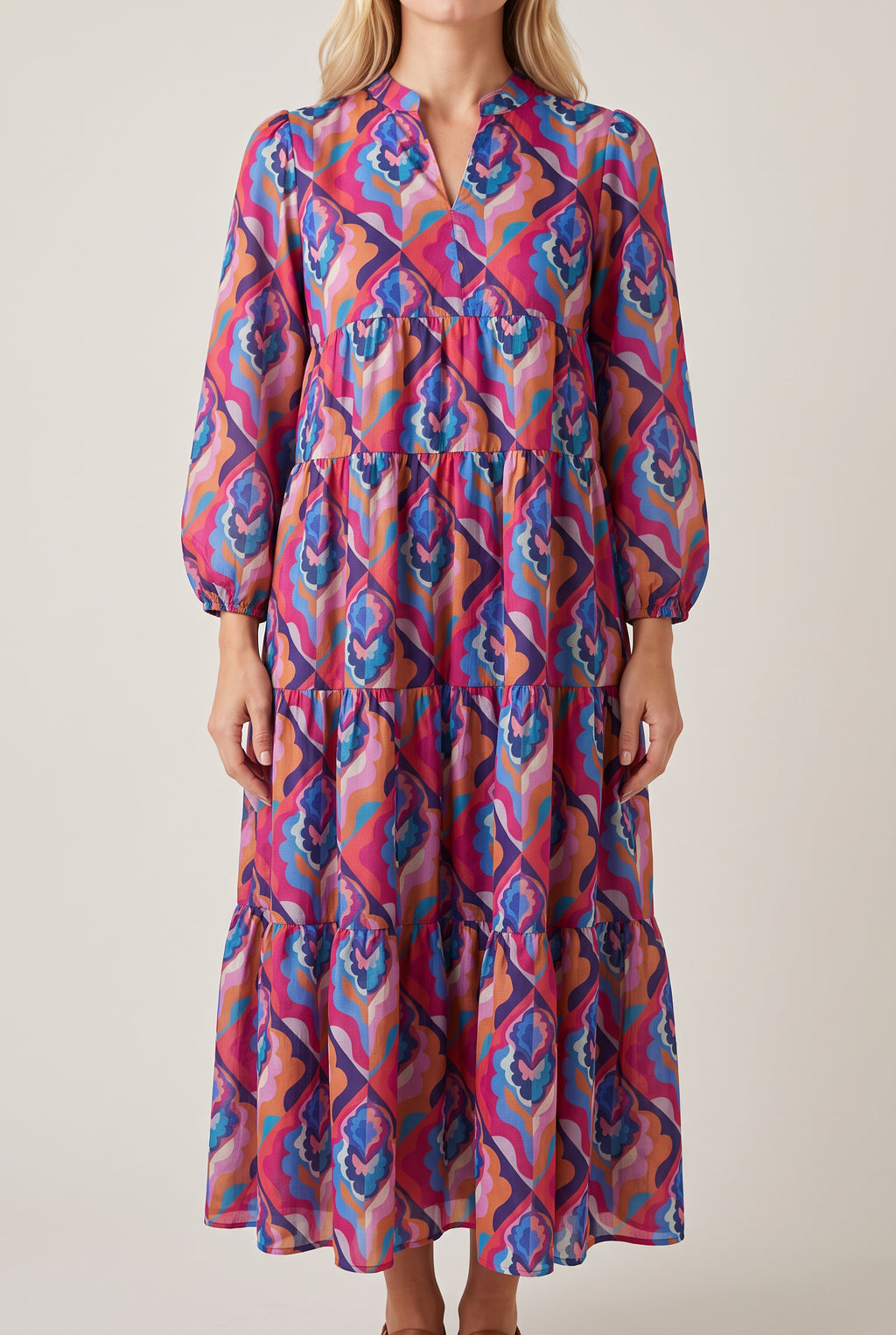 Front fit of the Calling You tiered maxi dress in Small Blue with its natural silhouette and full length.