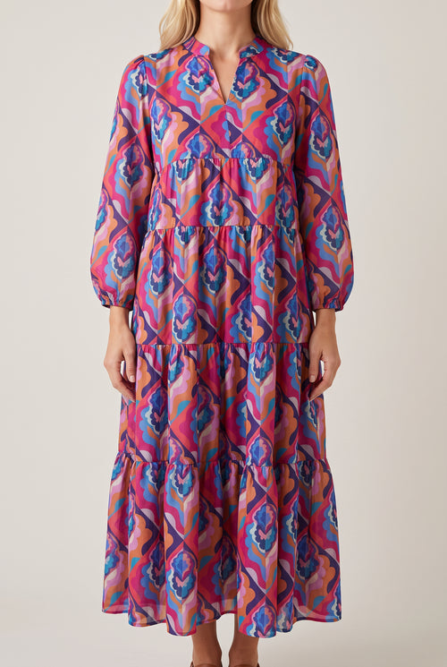 Front fit of the Calling You tiered maxi dress in Small Blue with its natural silhouette and full length.