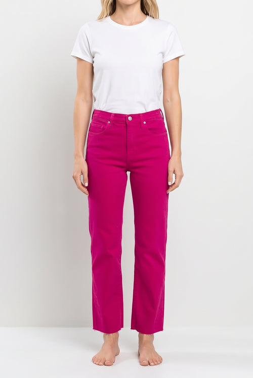 Bright Side High Rise Straight Pants in Fuchsia, front view showing the high waist and cropped straight legs.