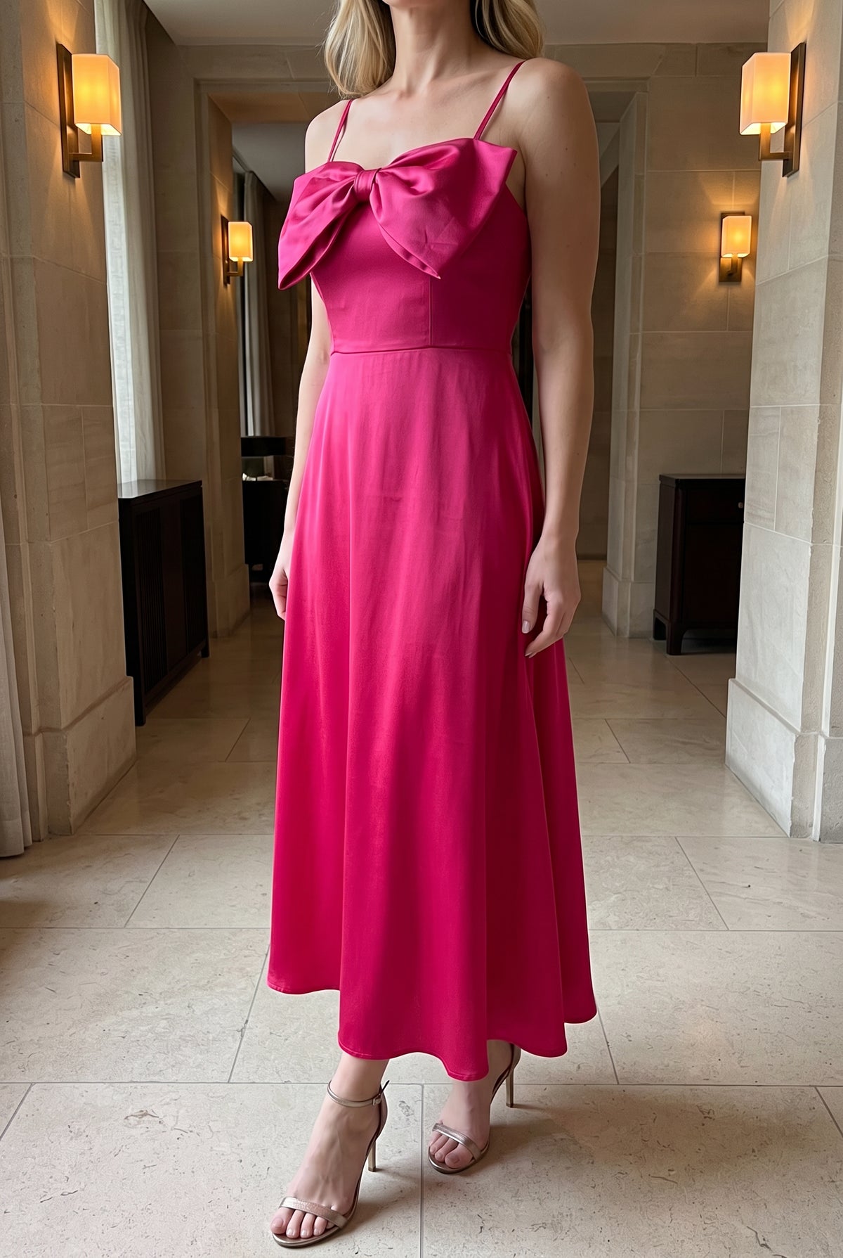 Fuchsia Bow-tiful You Midi Dress styled for a formal evening event with heels and a clutch.