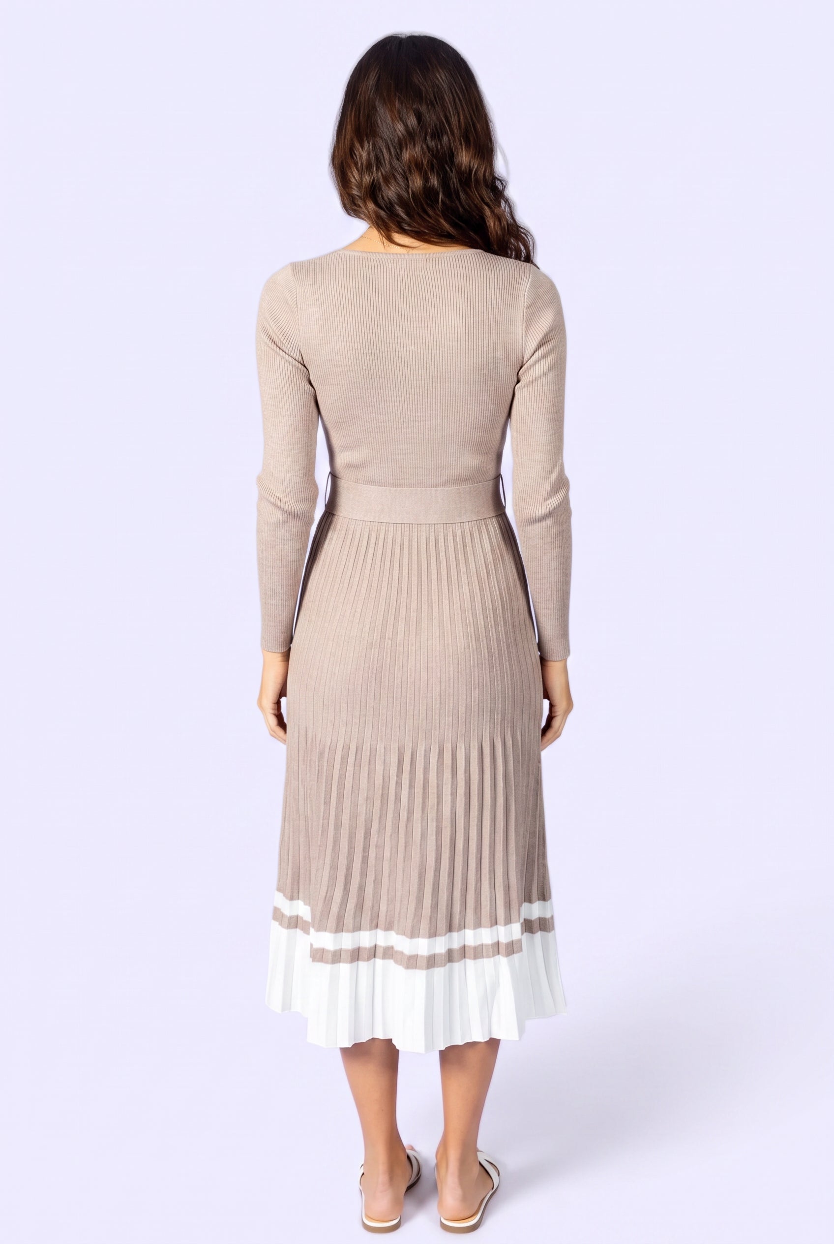 Back fit of the I've Loved You For So Long Pleated Sweater Dress in Small on Shweta.