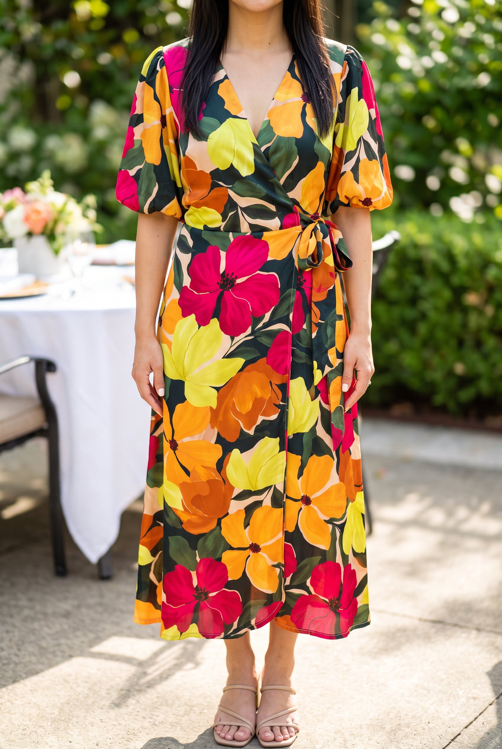 Front view of the If You're Not the One floral wrap midi dress in size Small.