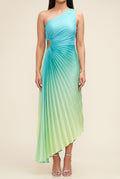Front fit of the Island In The Sun Ombre Pleated Dress in Small on Shweta.