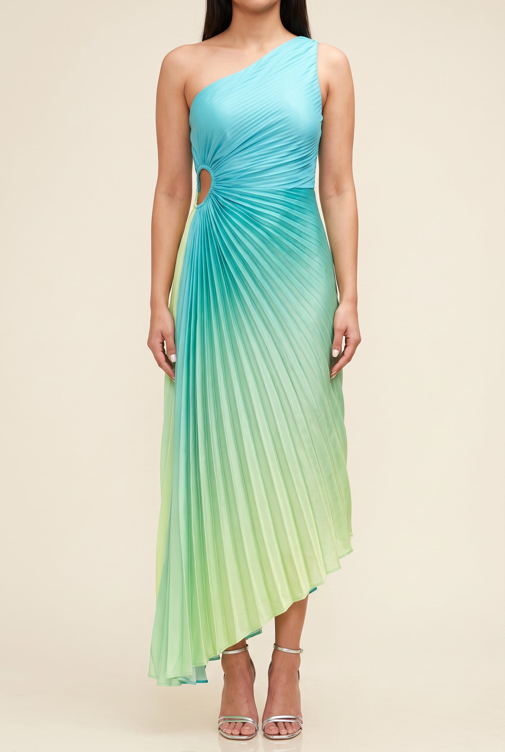 Front fit of the Island In The Sun Ombre Pleated Dress in Small on Shweta.
