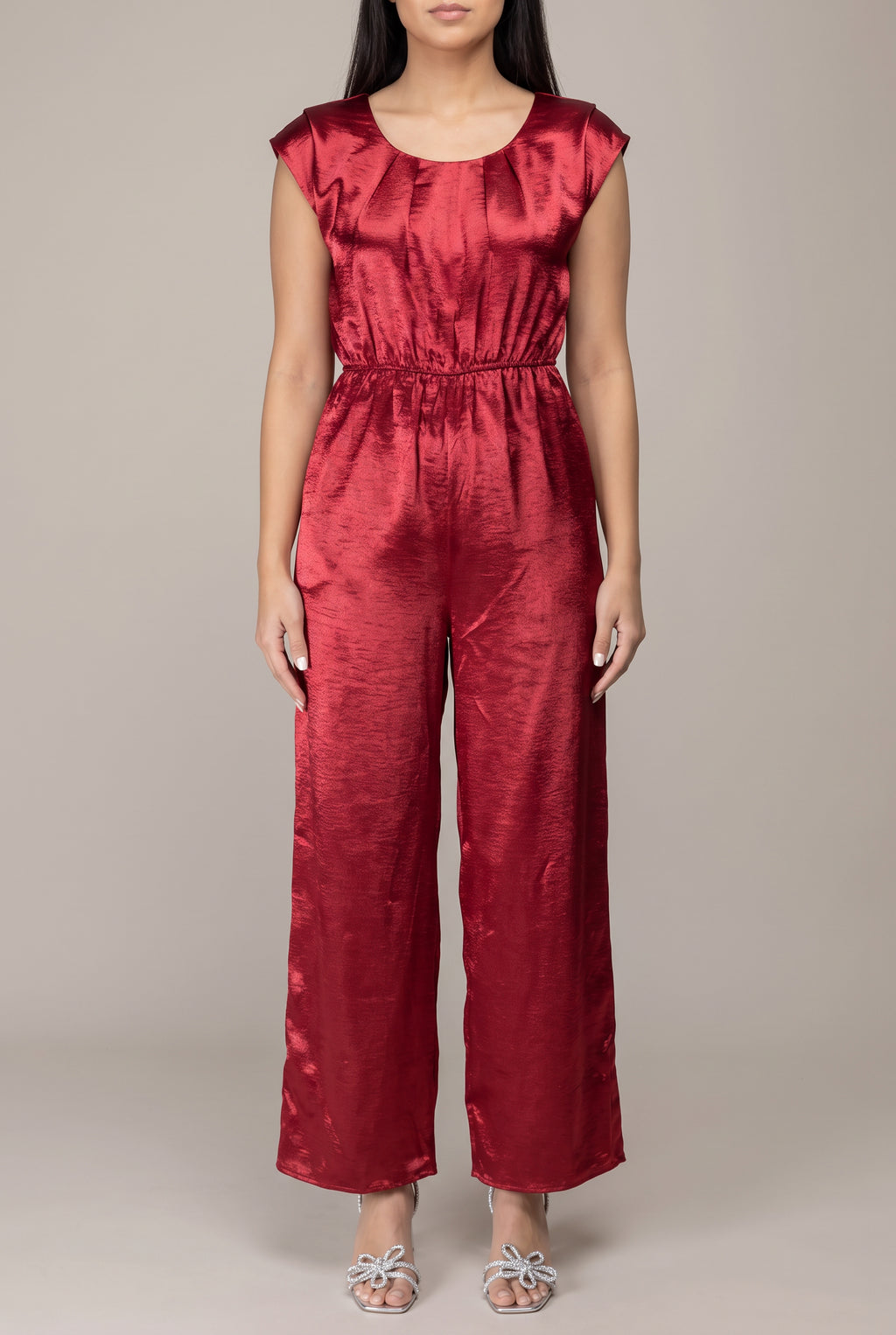 I'm Yours red satin jumpsuit in Small, showing the front silhouette, elastic waist and wide legs.