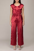 I'm Yours red satin jumpsuit in Small, showing the front silhouette, elastic waist and wide legs.