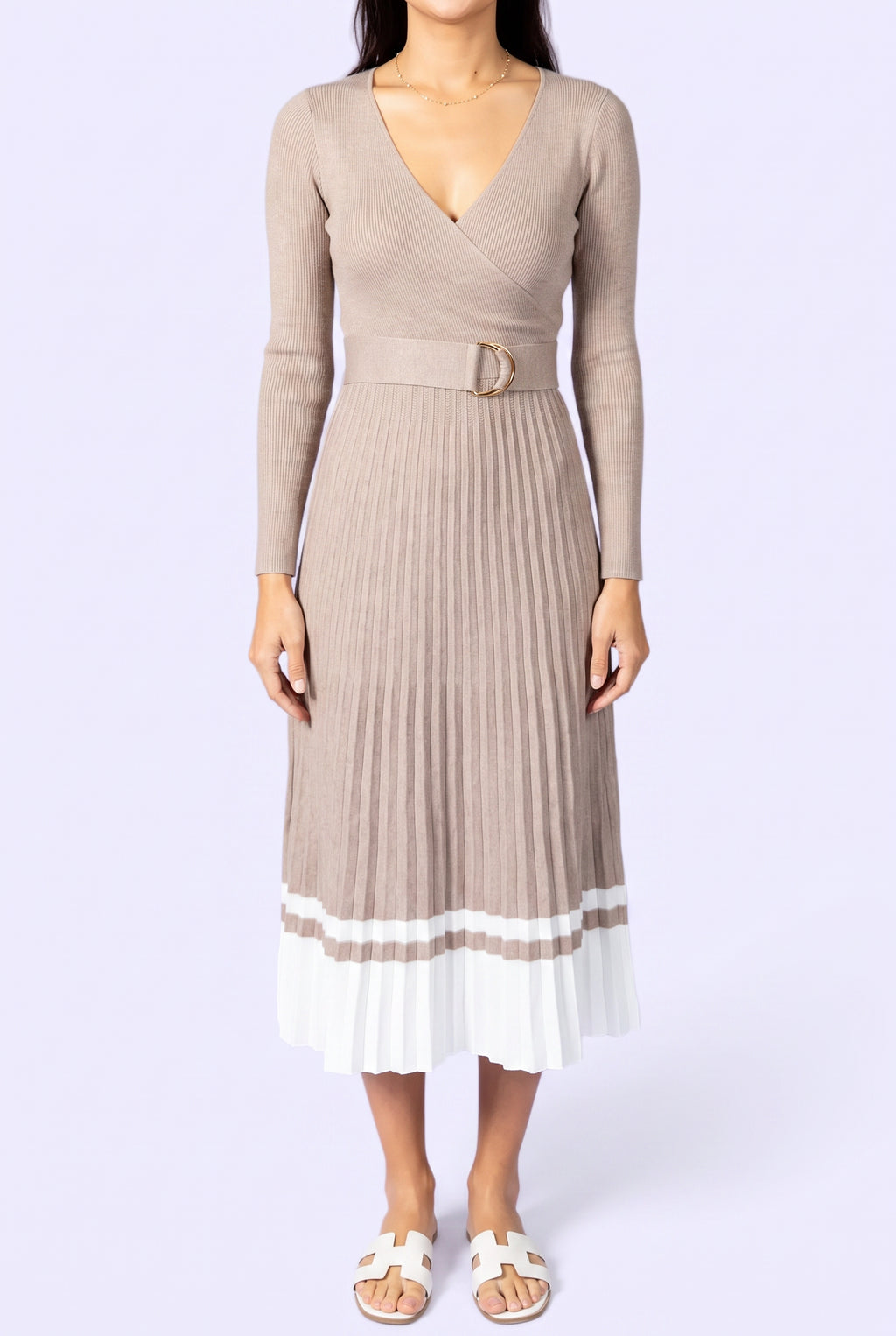 Front fit of the I've Loved You For So Long Pleated Sweater Dress in Small on Shweta.