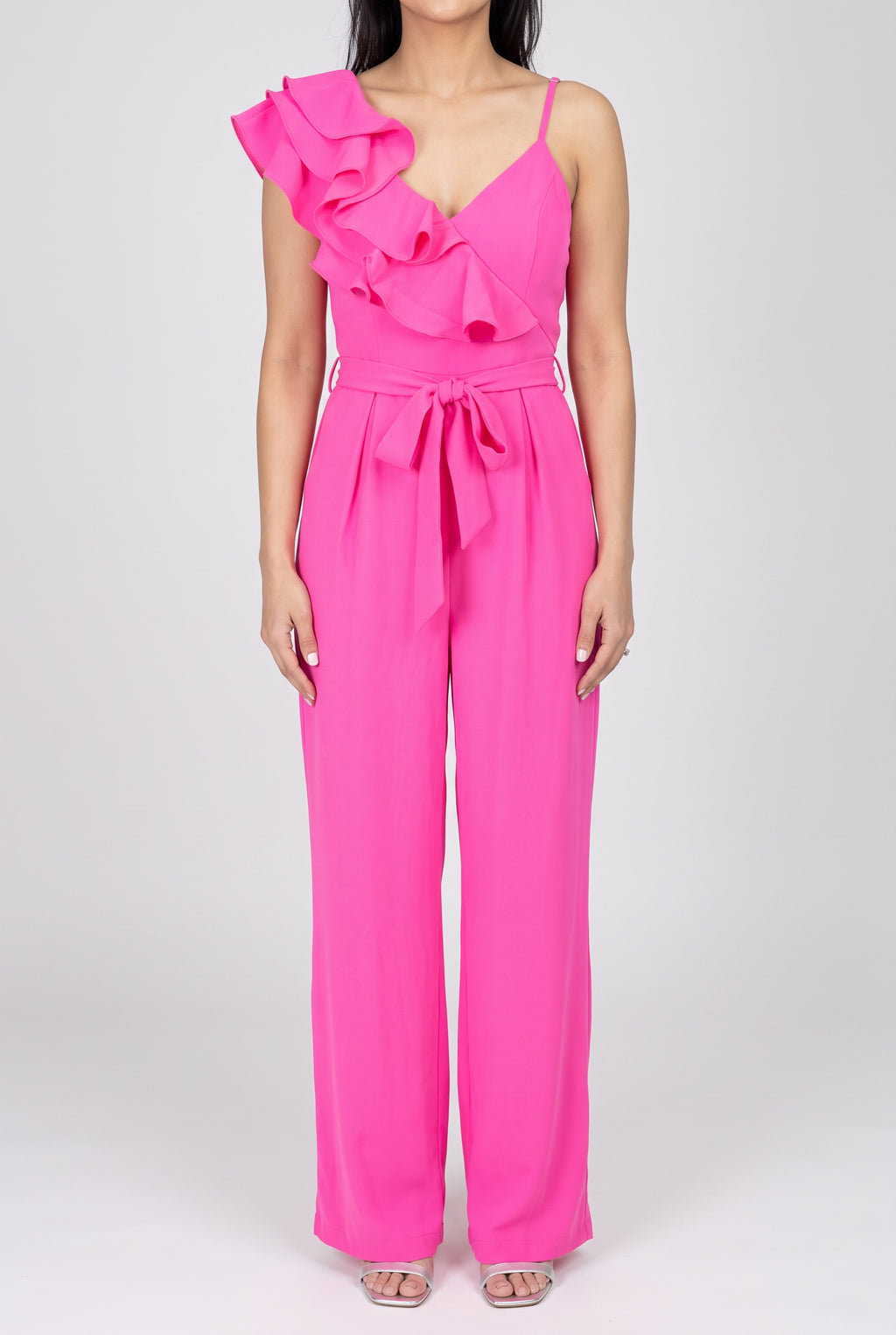 Made You Look Ruffle Shoulder Jumpsuit in Small shown full length with a relaxed front fit.