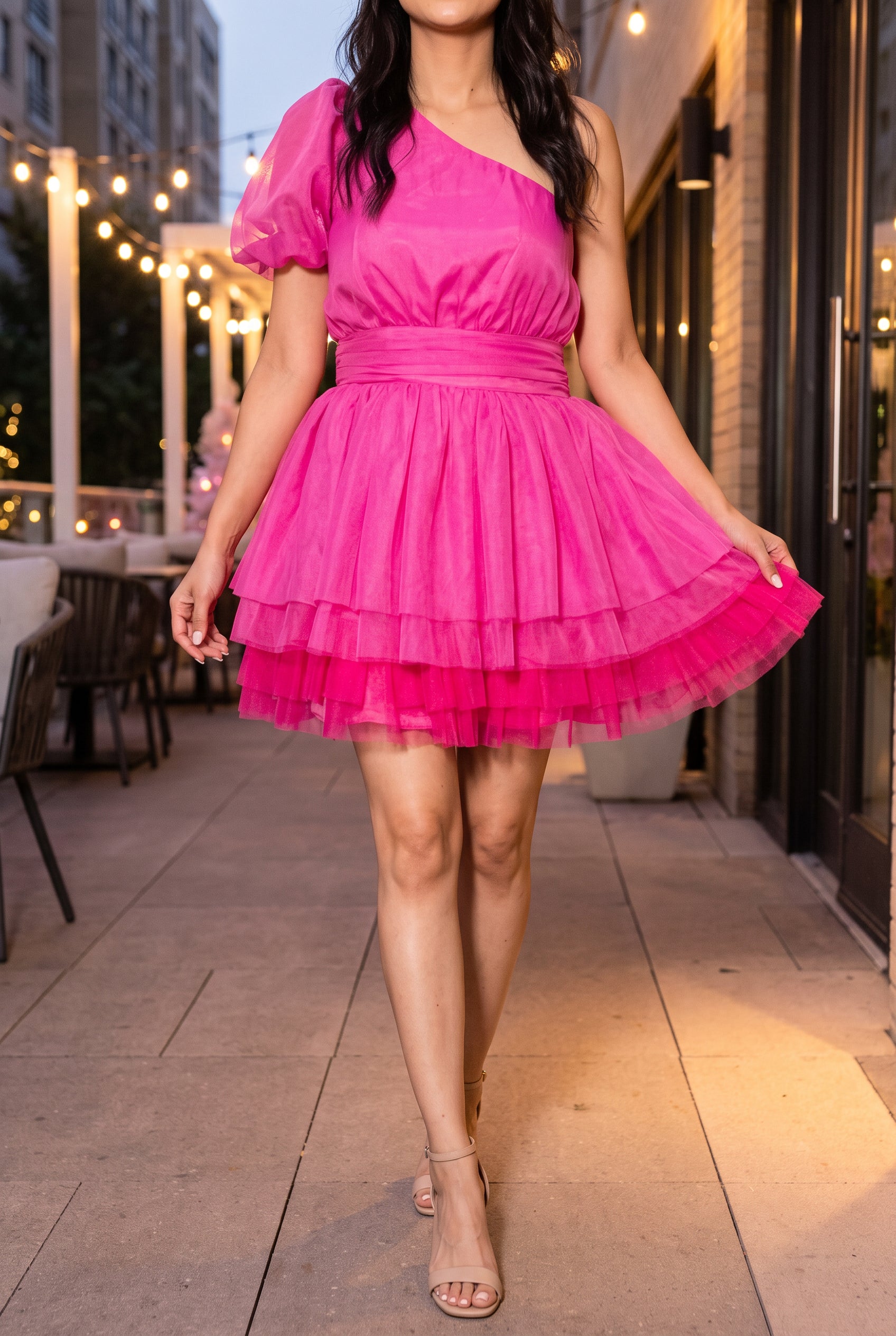 See You Again Mini Dress in Small / Pink styled with neutral heels for a festive outdoor party.