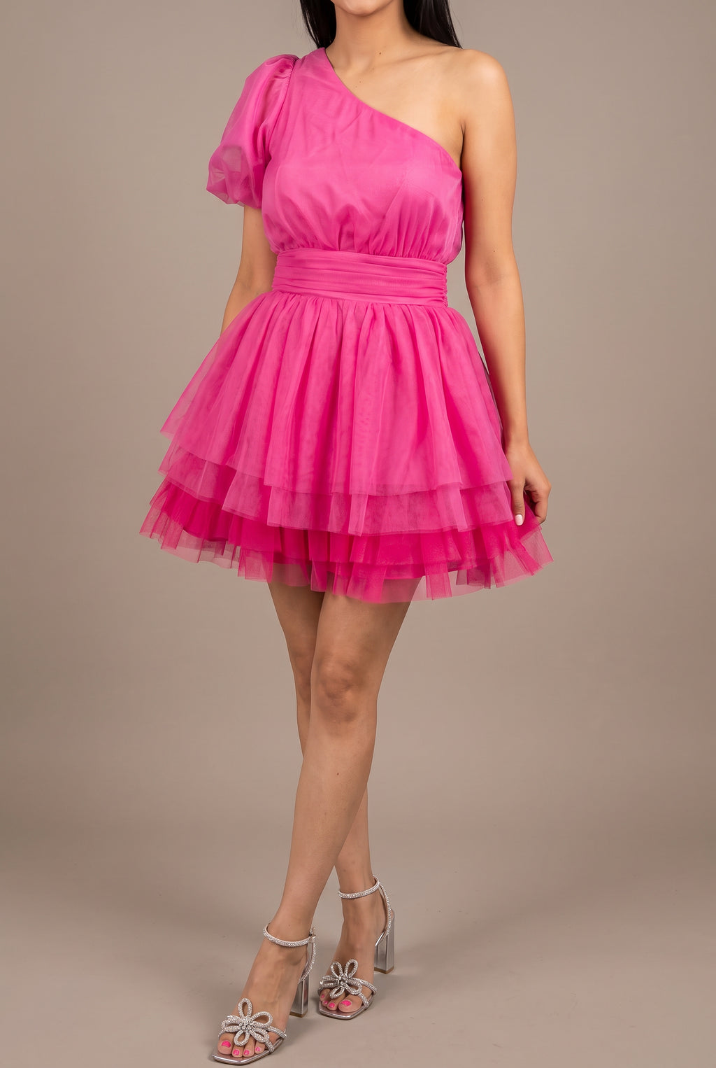 Angled side fit of the See You Again Mini Dress in Small / Pink, showing the waist and skirt projection.