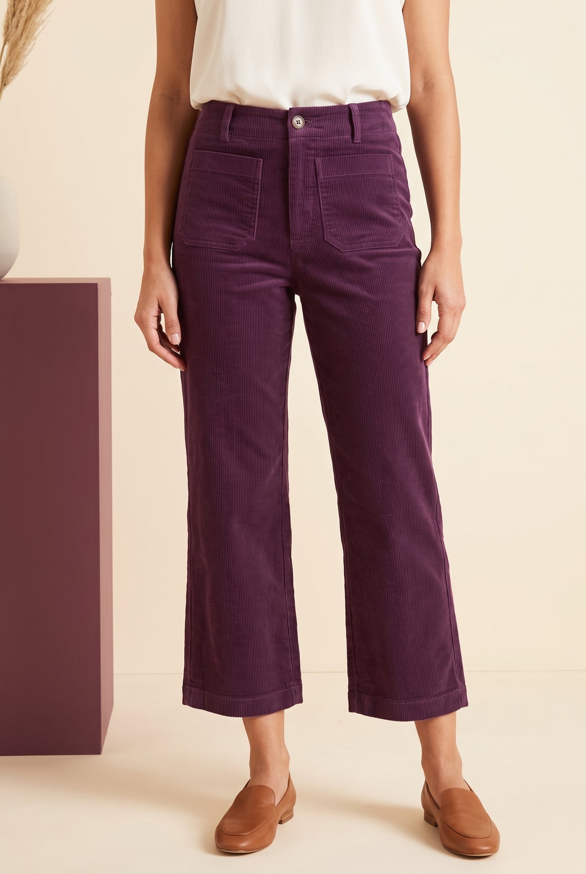 Rollin' With You purple corduroy pants styled with an ivory blouse and loafers for a polished workwear look.