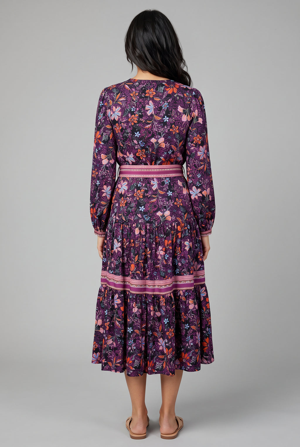 Best-guess back view of the Live in the Moment floral dress on Shweta in Small.