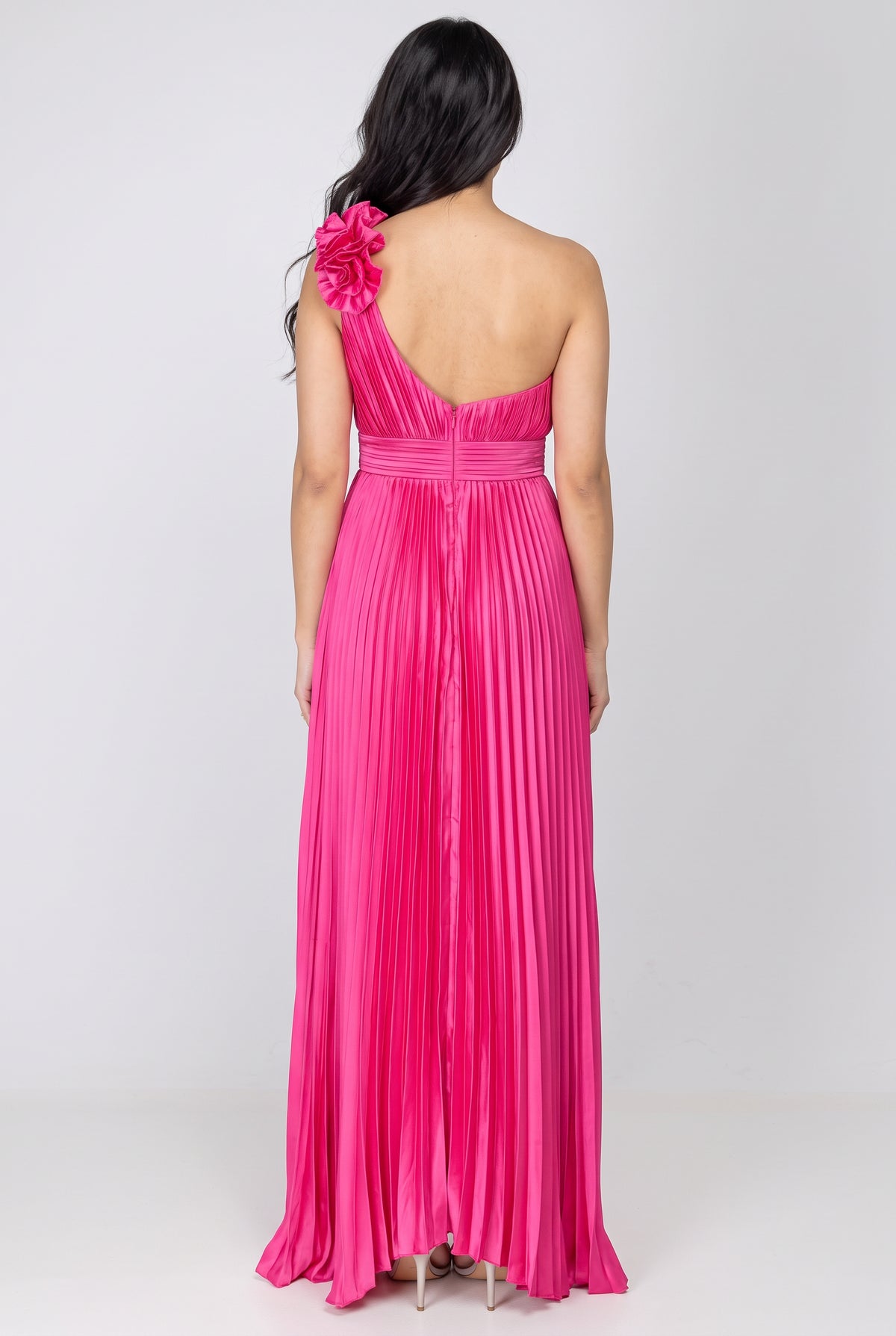 Full back of the Small fuchsia One More Night maxi dress showing the neckline, waist and hem.