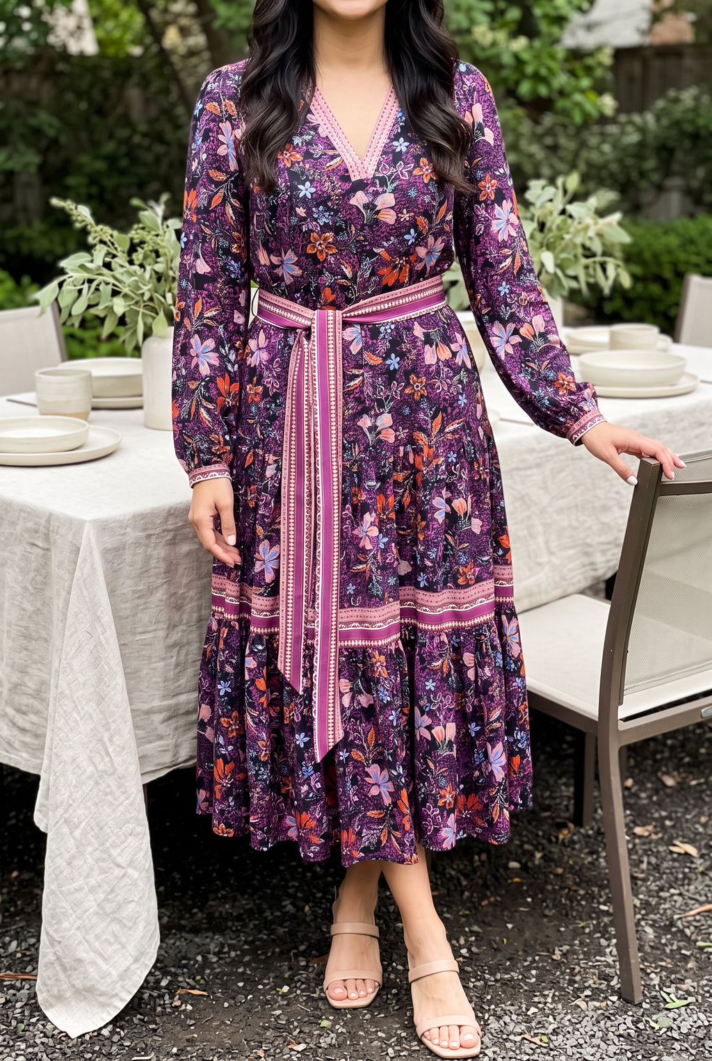 Shweta wears the Live in the Moment floral dress with nude sandals at a garden brunch.