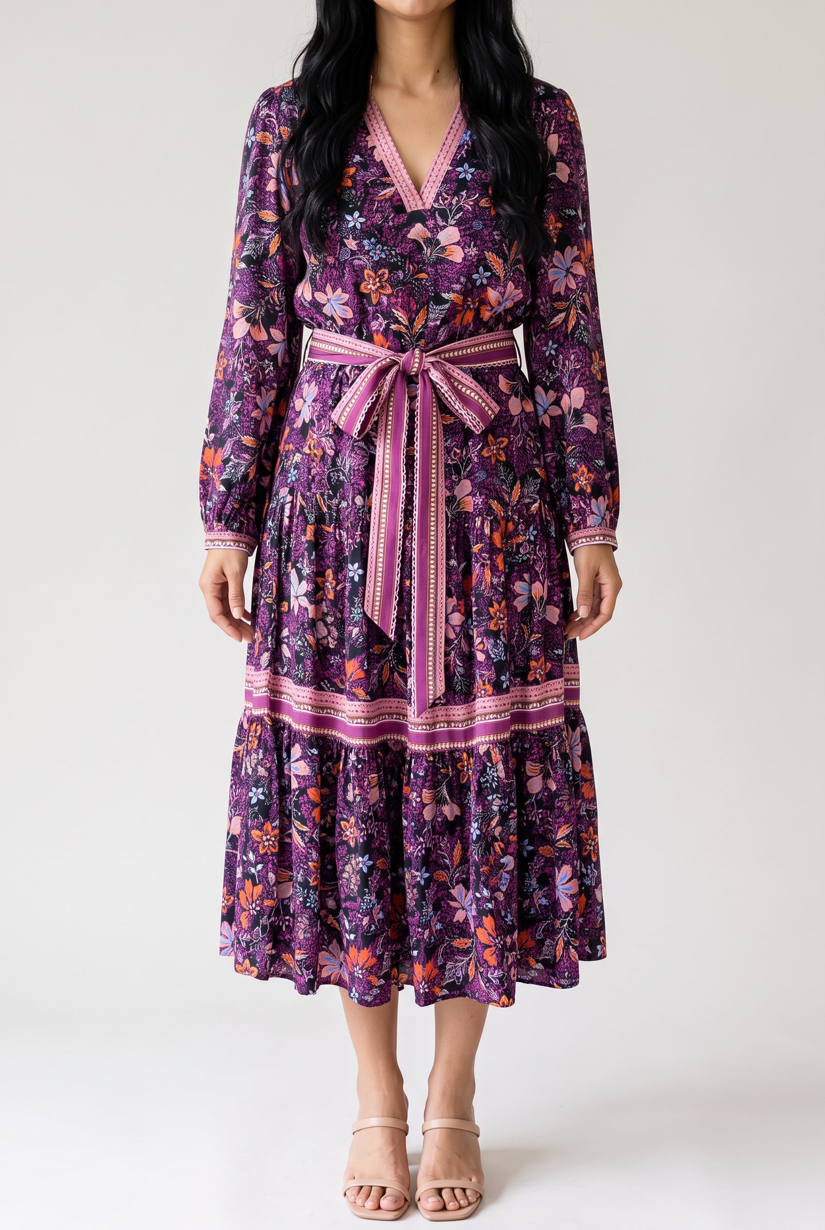 Live in the Moment floral dress on Shweta in Small, showing the belted front and mid-calf fit.