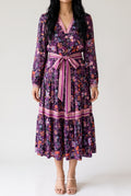 Live in the Moment floral dress on Shweta in Small, showing the belted front and mid-calf fit.