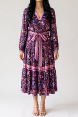 Live in the Moment floral dress on Shweta in Small, showing the belted front and mid-calf fit.