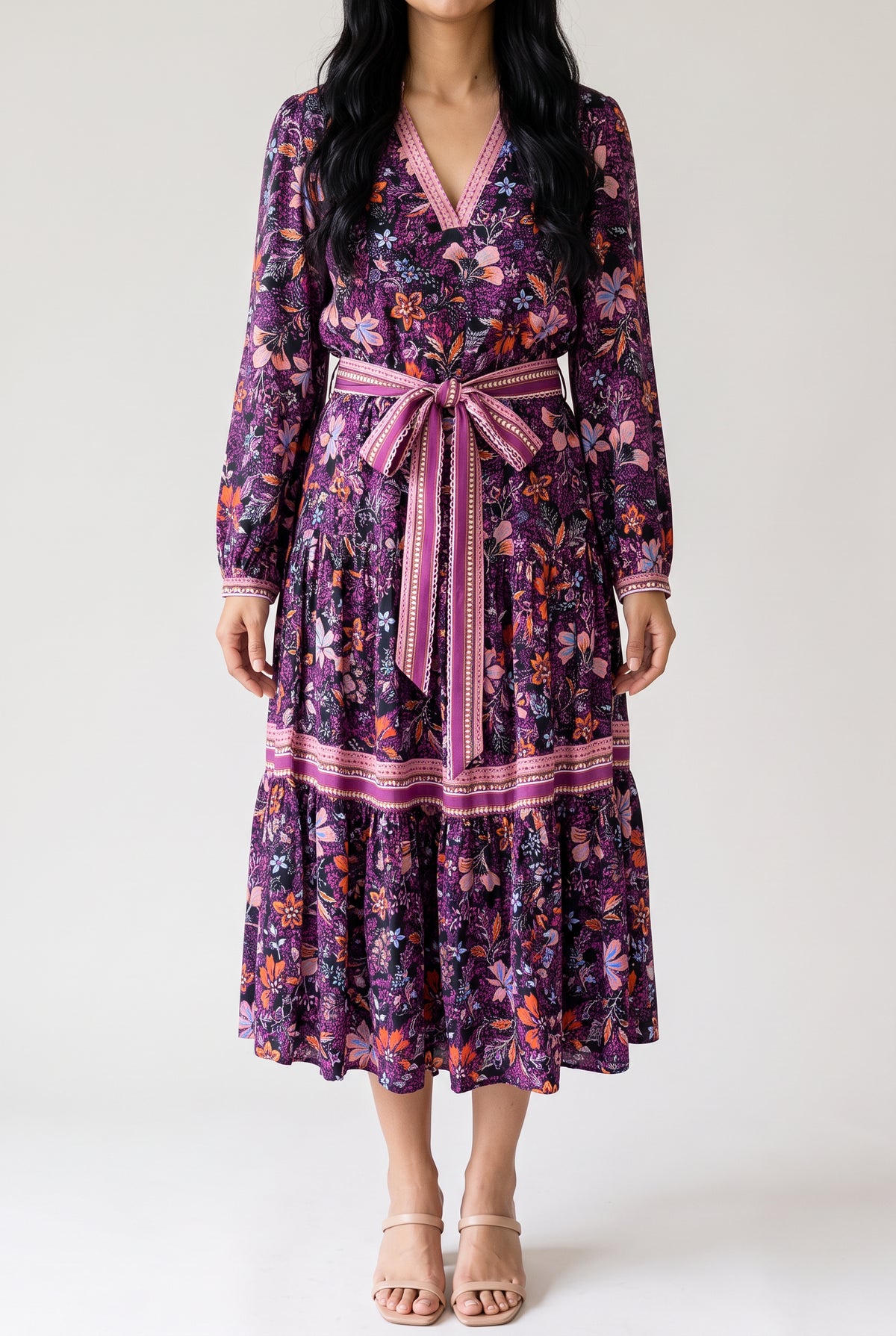 Live in the Moment floral dress on Shweta in Small, showing the belted front and mid-calf fit.