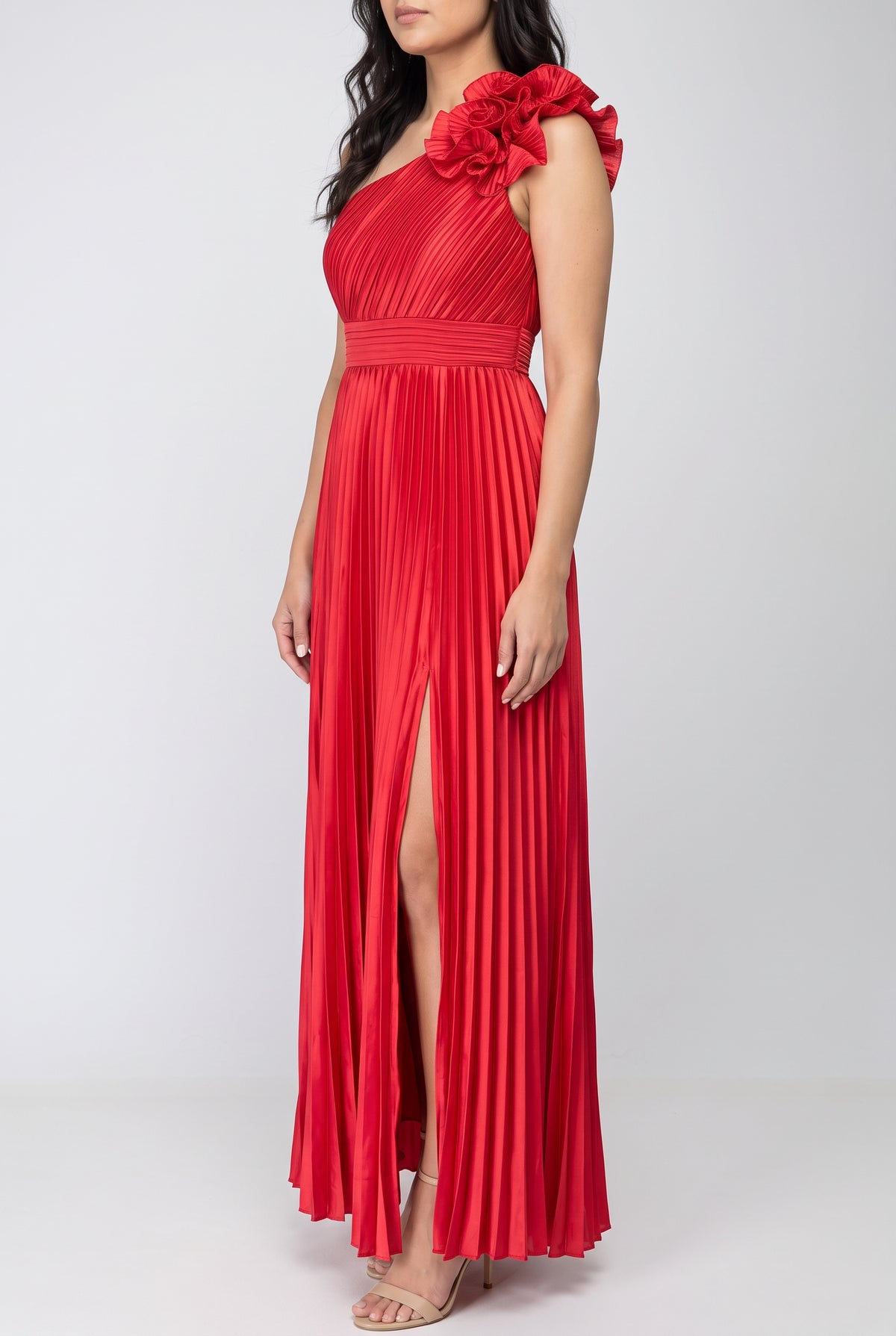 Angled side fit of the Small red One More Night maxi dress showing the slit and skirt drape.