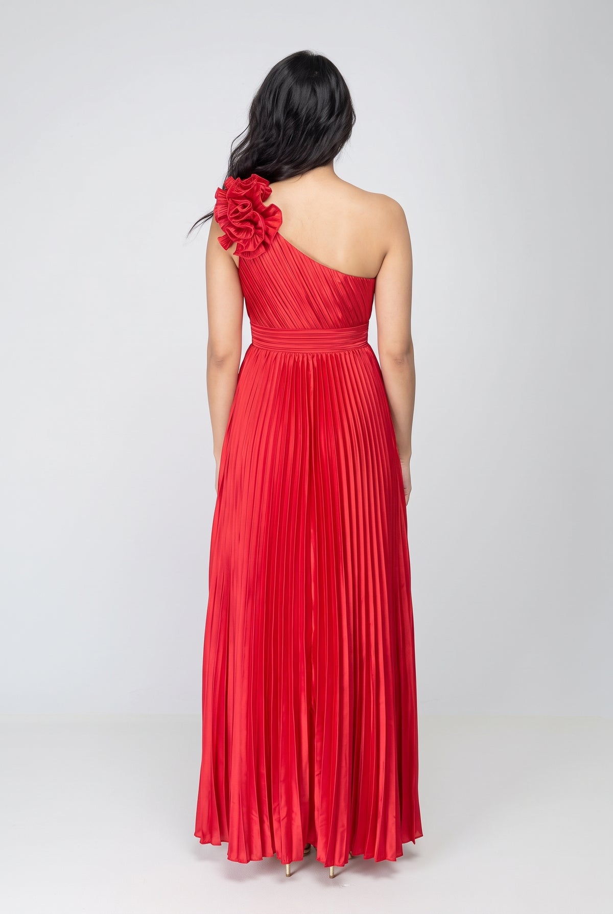 Full back of the Small red One More Night maxi dress showing the neckline, waist and hem.
