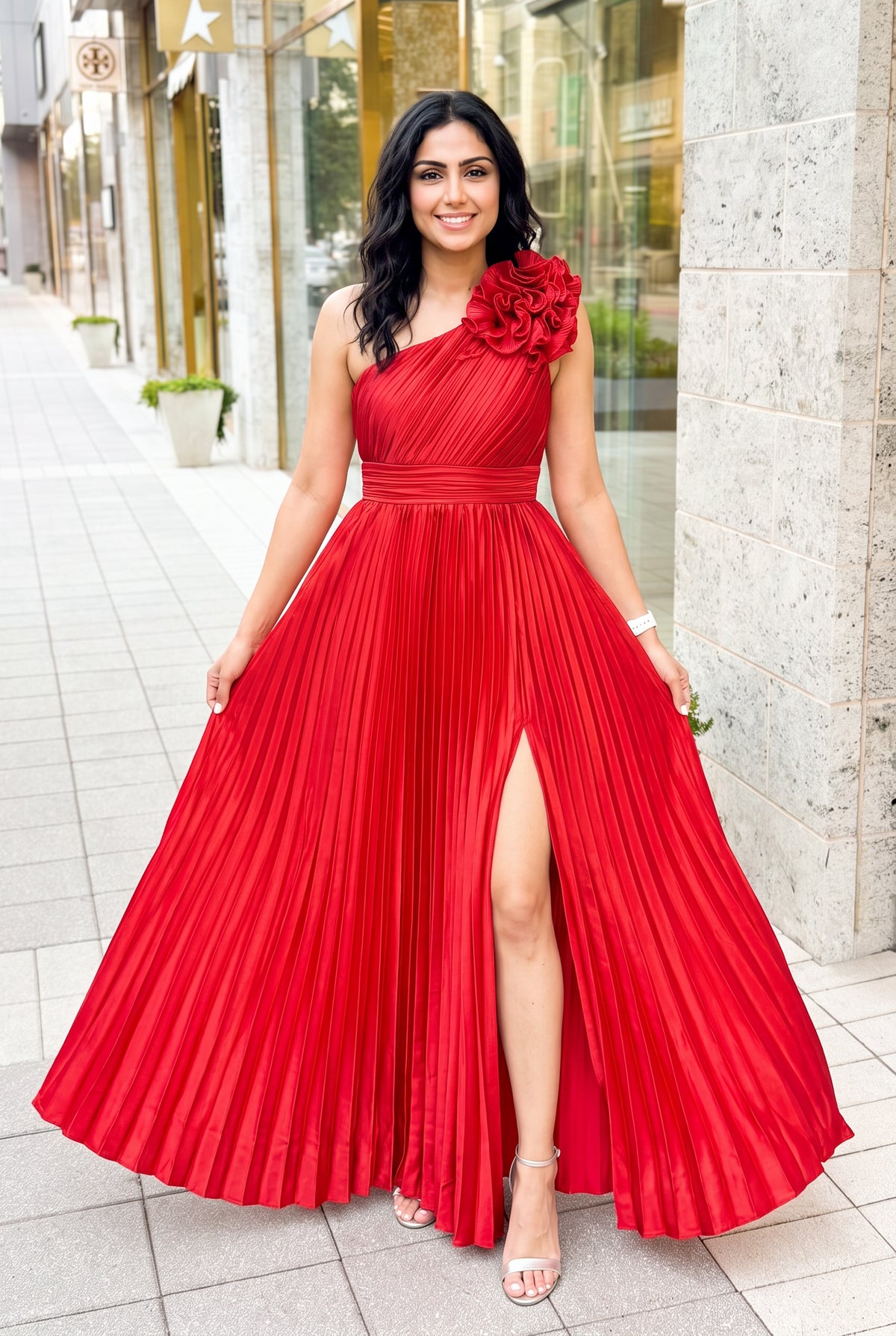 Fuchsia One More Night maxi dress detail showing shoulder ruffles, satin pleats and waistband.