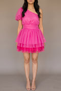 See You Again Mini Dress in Small / Pink, showing its one-shoulder shape and full layered mini skirt.