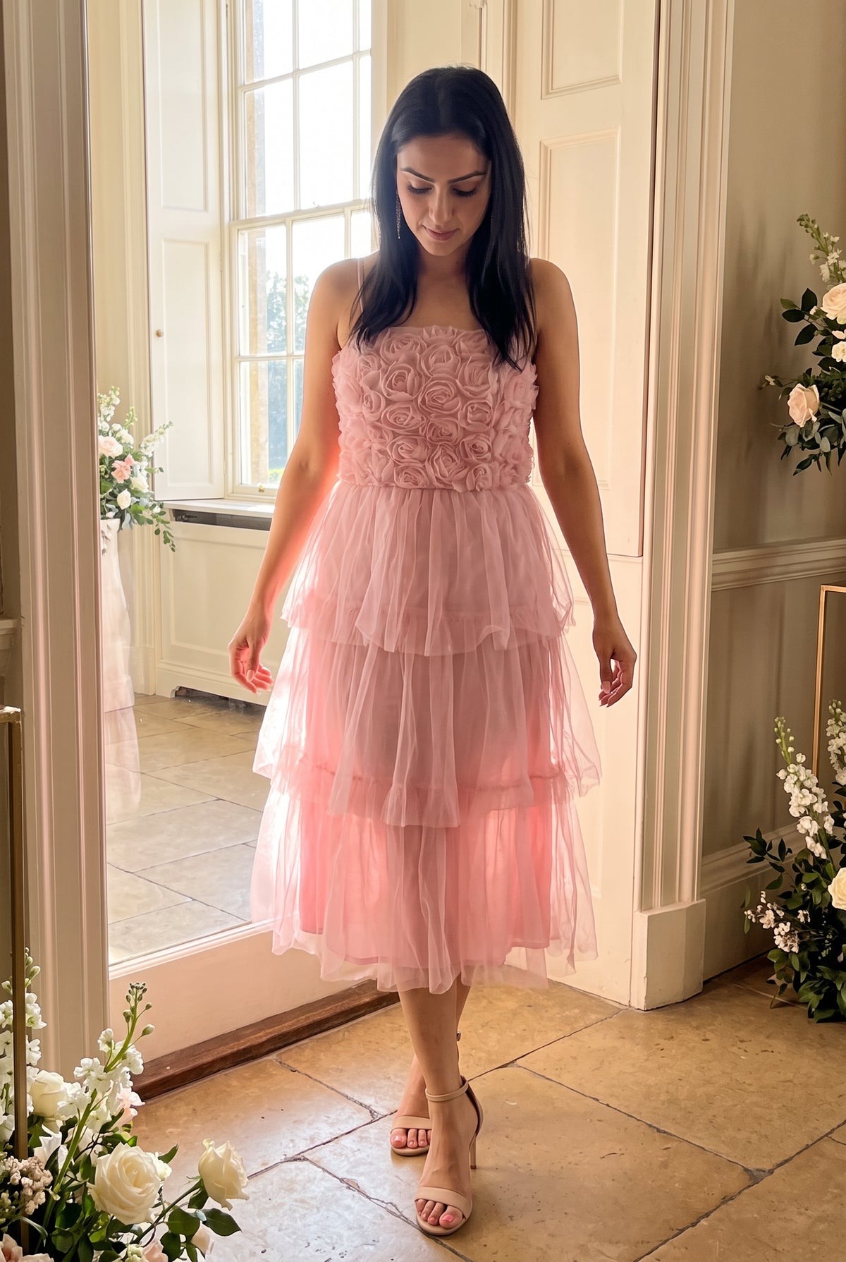 Kiss From a Rose Midi Dress styled with neutral heels in a bright wedding reception setting.