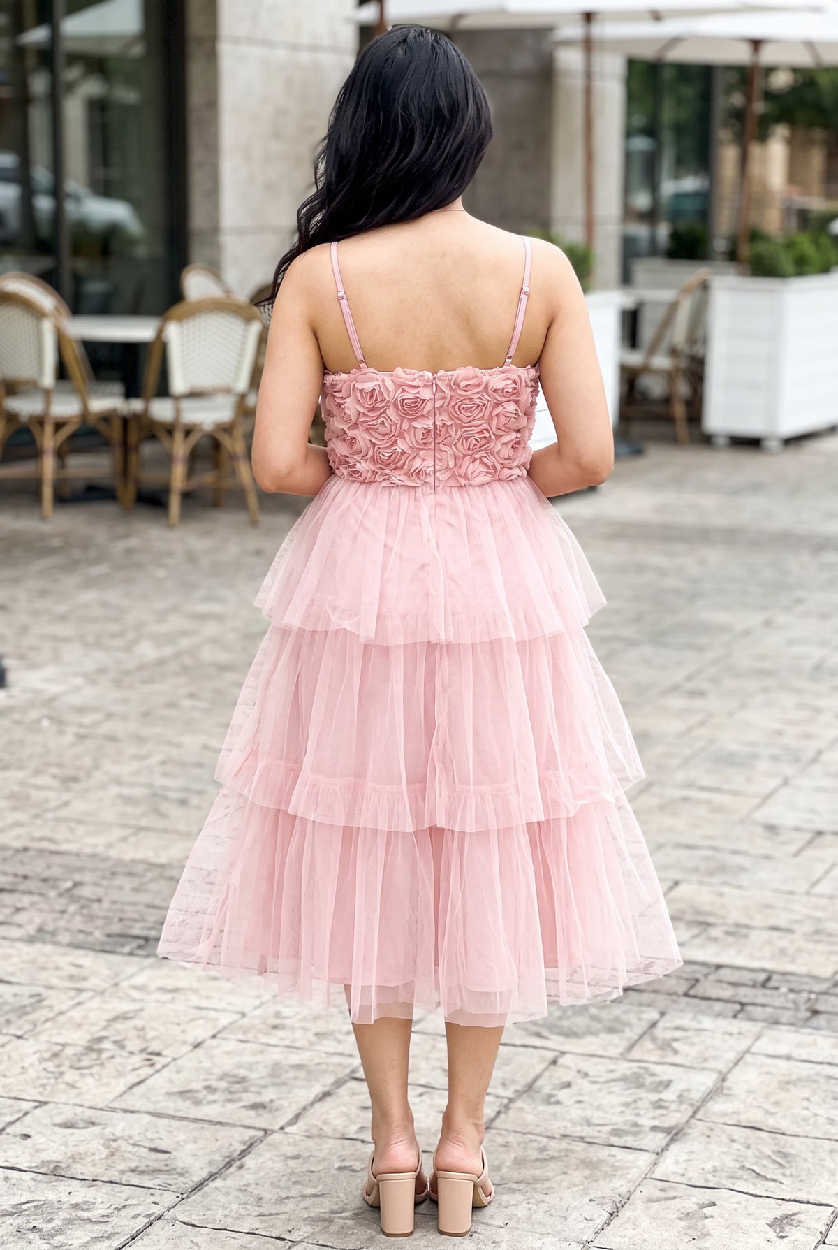 Back view of the Kiss From a Rose Midi Dress in Small Pink showing the bodice, straps and layered tulle skirt.