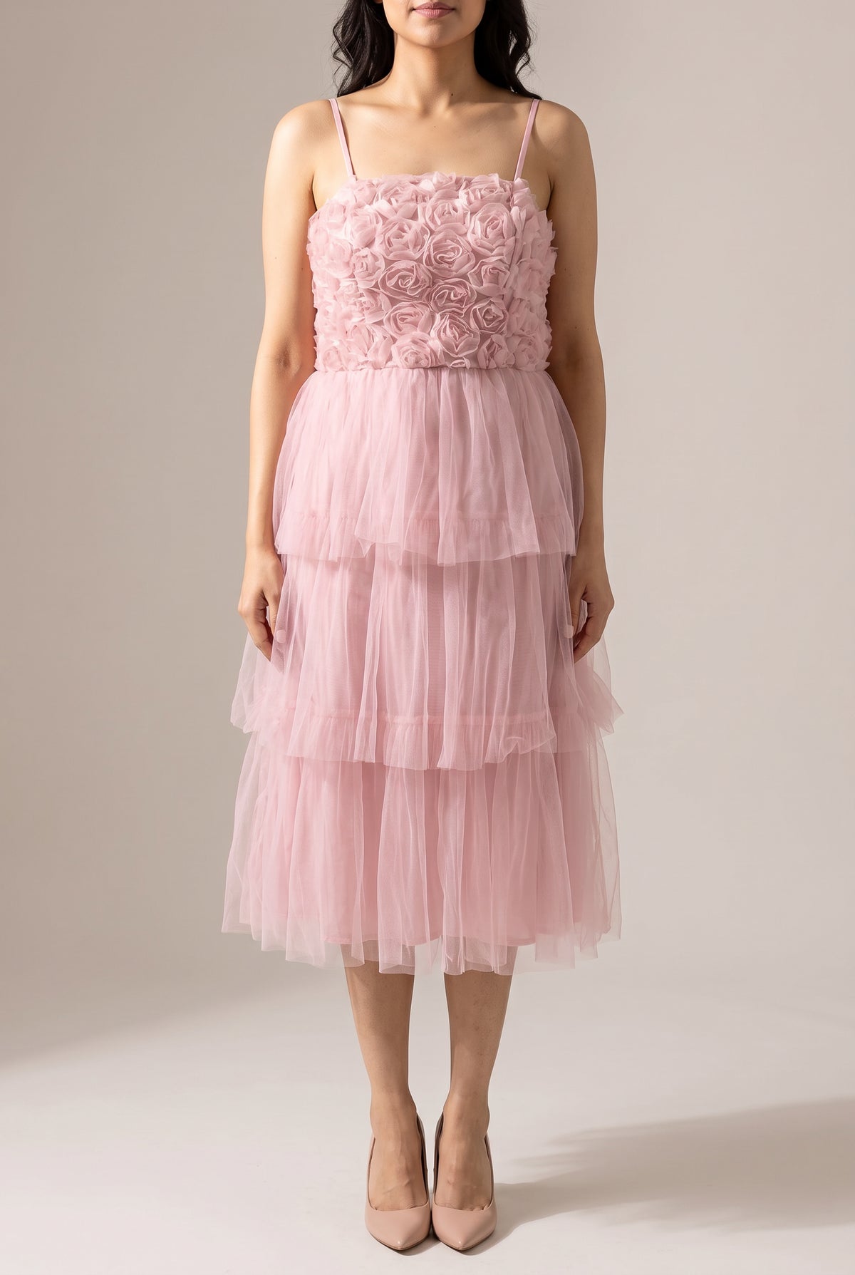 Kiss From a Rose Midi Dress in Small Pink showing the fitted rose bodice and full tulle skirt from the front.
