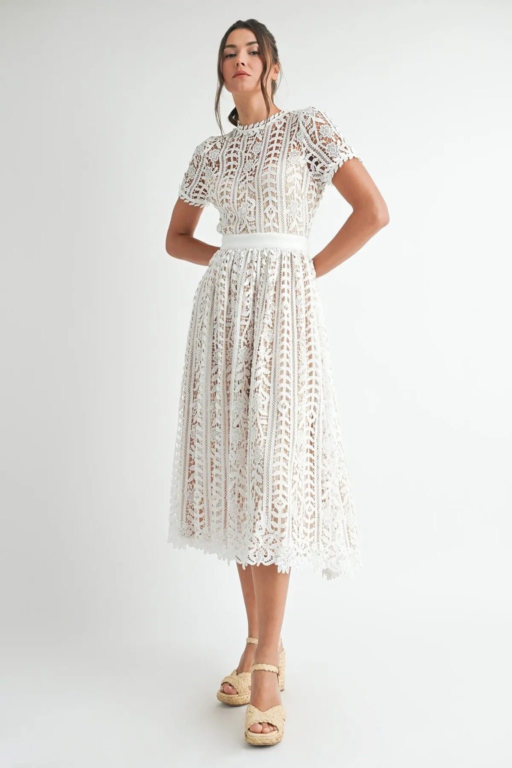 Sunset Stroll Short Sleeve Lace Midi Dress eb luxe