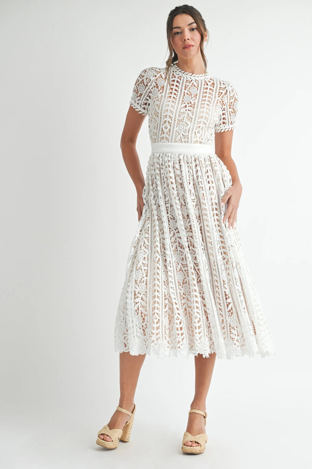 Sunset Stroll Short Sleeve Lace Midi Dress eb luxe