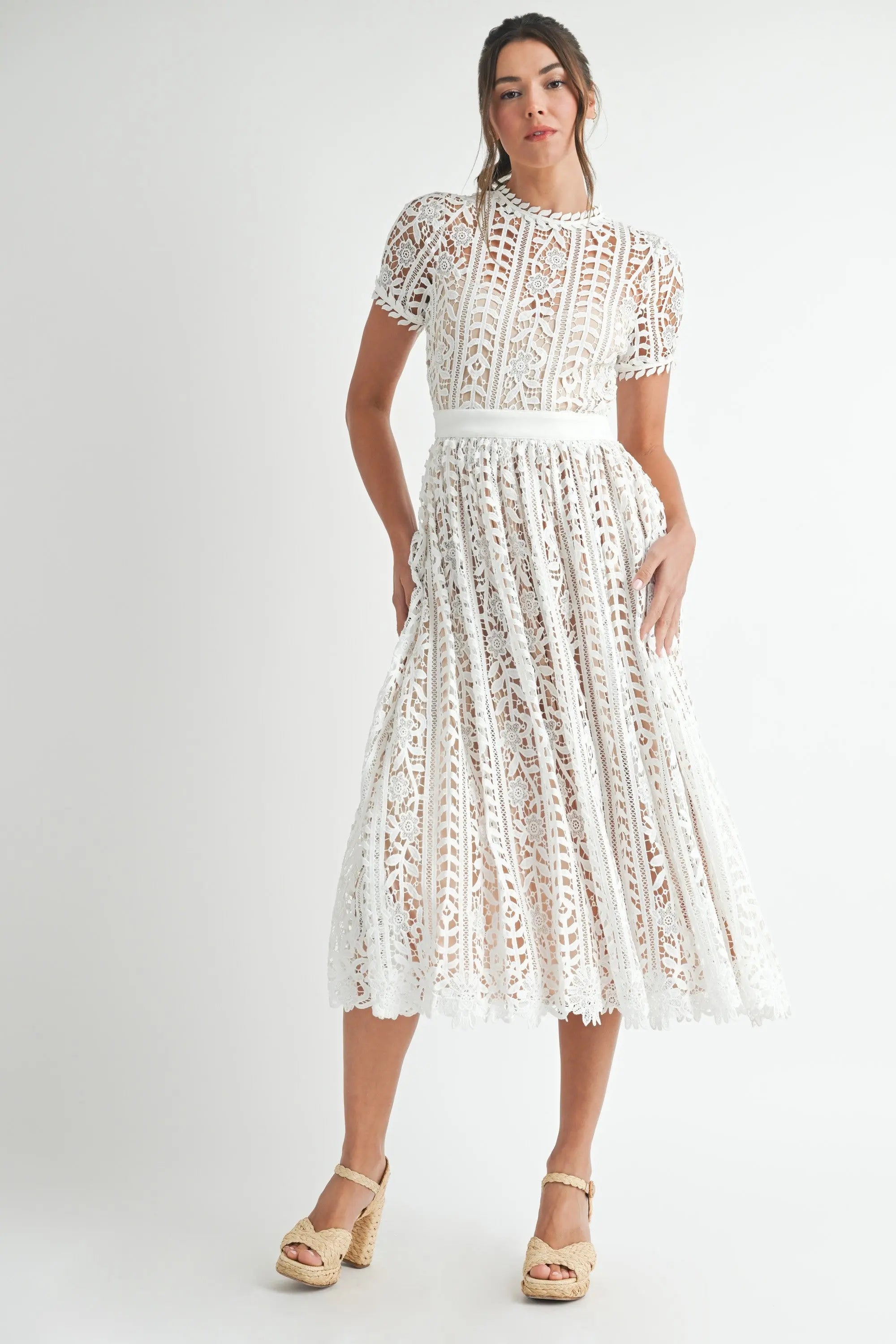 Sunset Stroll Short Sleeve Lace Midi Dress eb luxe
