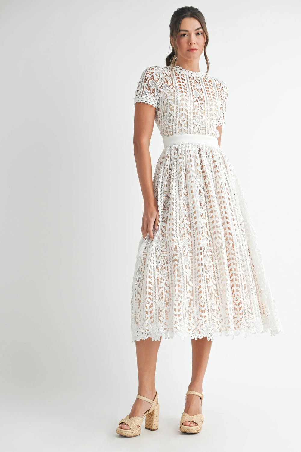 Sunset Stroll Short Sleeve Lace Midi Dress eb luxe