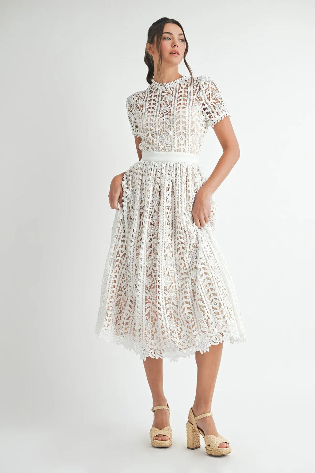 Sunset Stroll Short Sleeve Lace Midi Dress eb luxe