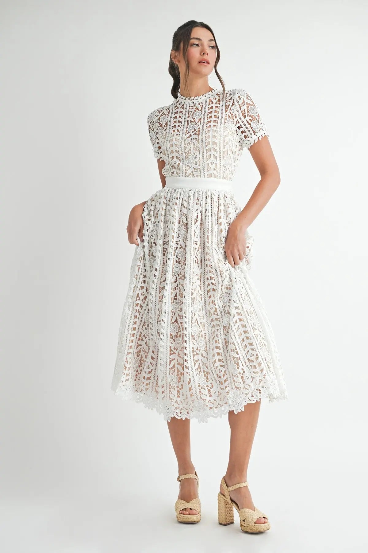 Sunset Stroll Short Sleeve Lace Midi Dress eb luxe