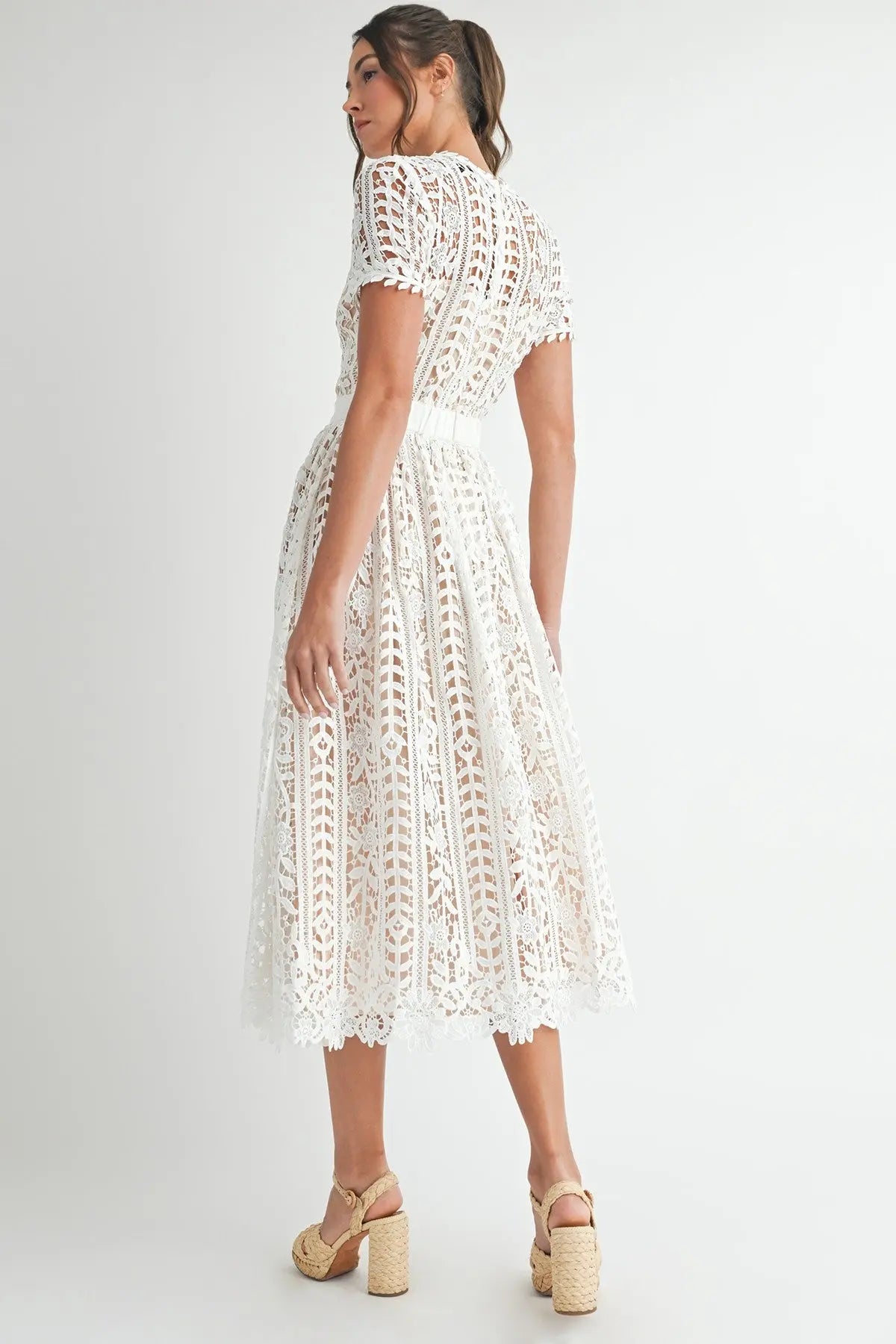 Sunset Stroll Short Sleeve Lace Midi Dress eb luxe