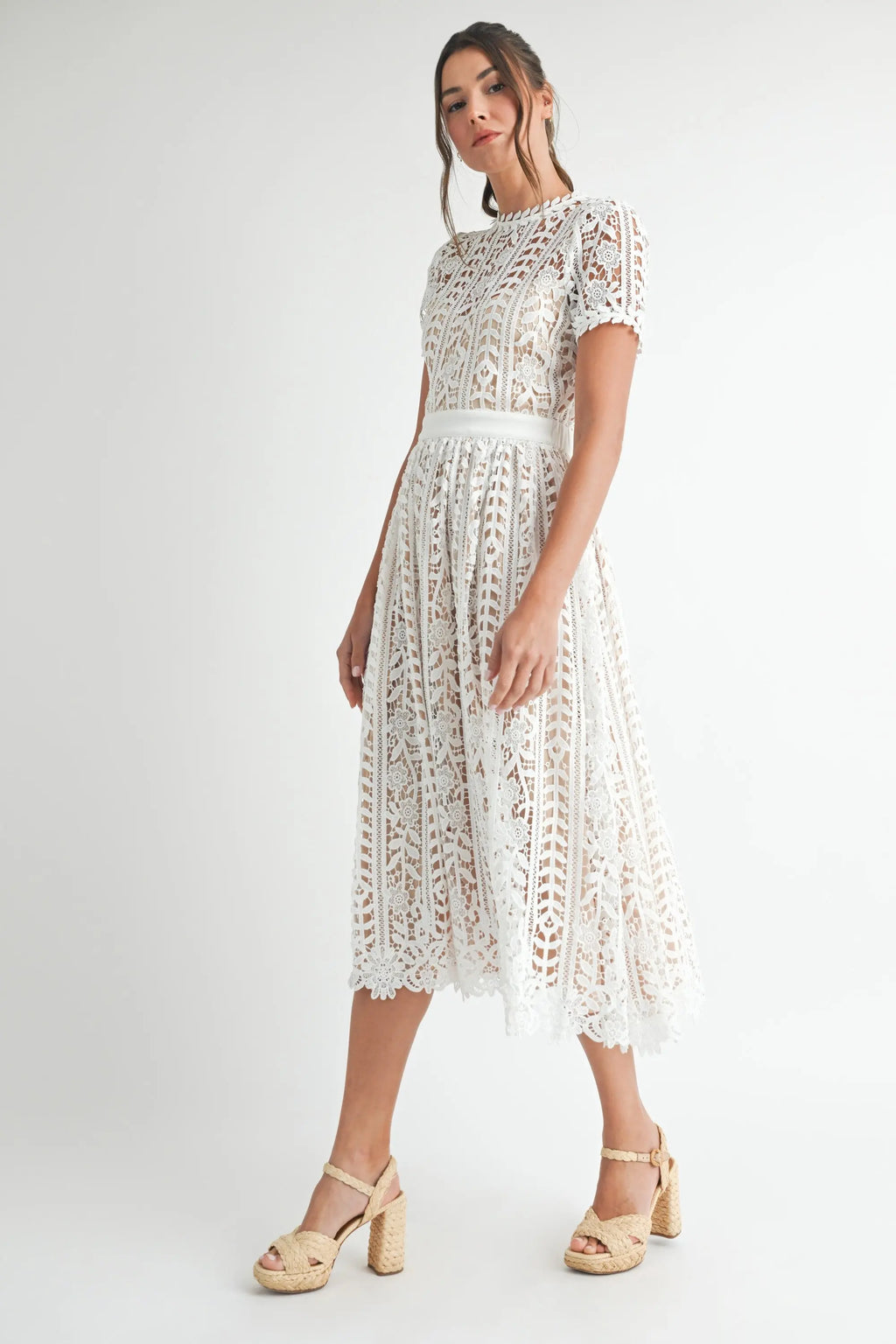 Sunset Stroll Short Sleeve Lace Midi Dress eb luxe