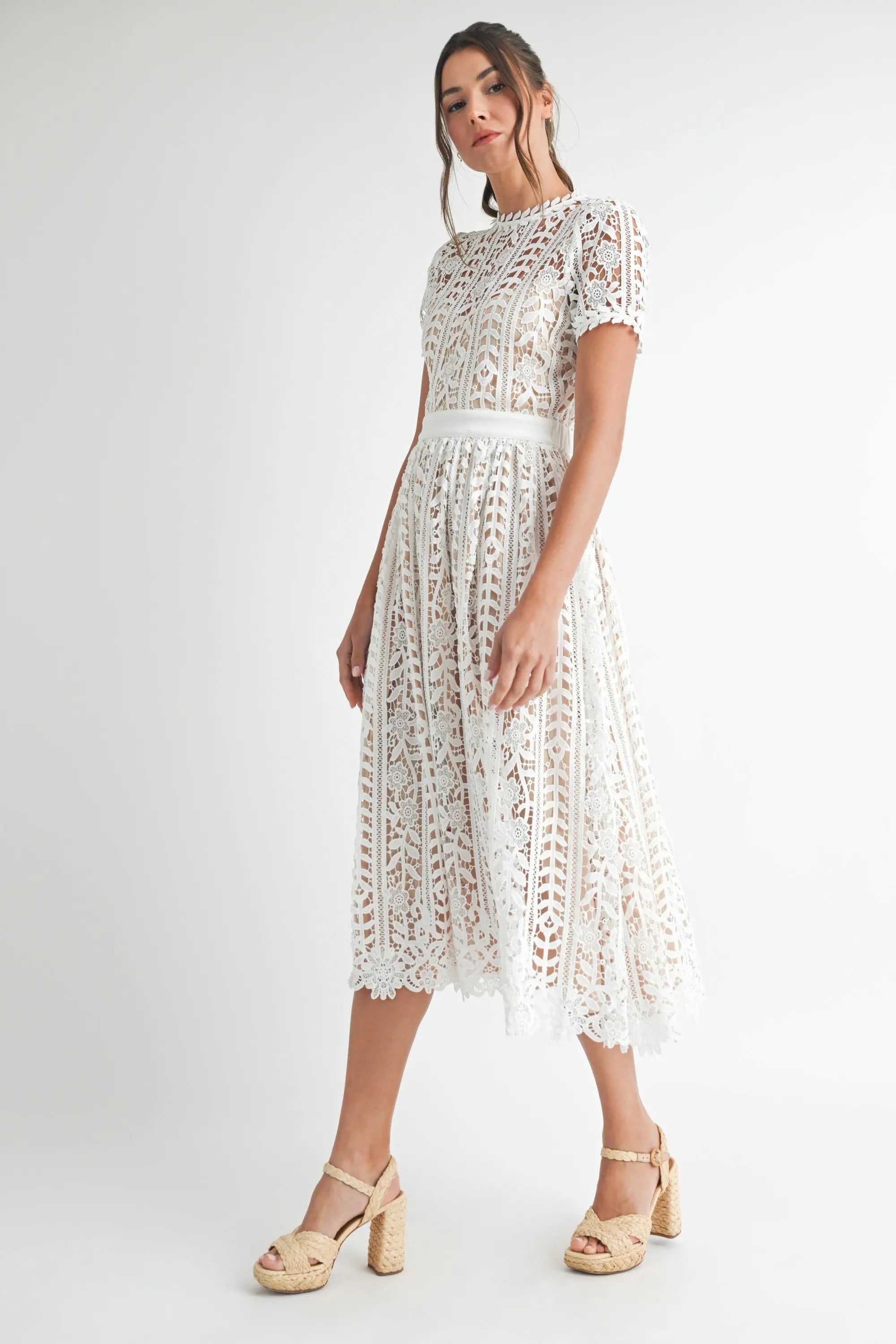 Sunset Stroll Short Sleeve Lace Midi Dress eb luxe