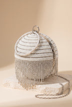 The Lola pearl rhinestone fringe ball bag on its own, showing its shape.