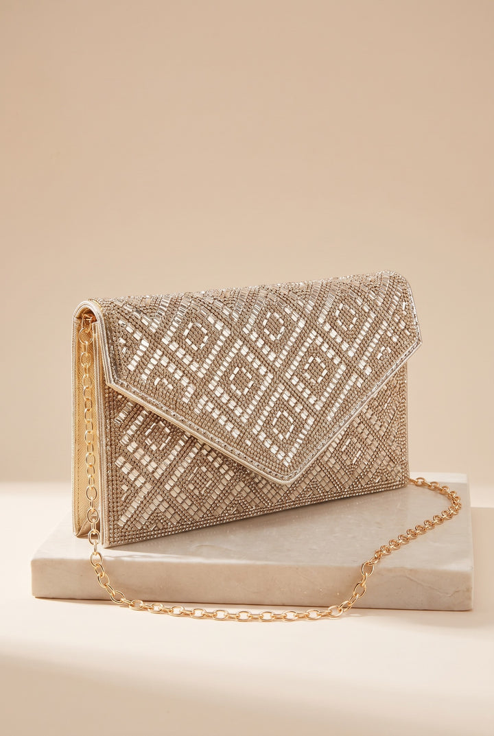 The Gemma rhinestone envelope clutch on its own, showing its shape.