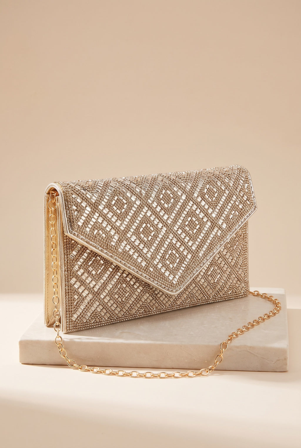 The Gemma rhinestone envelope clutch on its own, showing its shape.