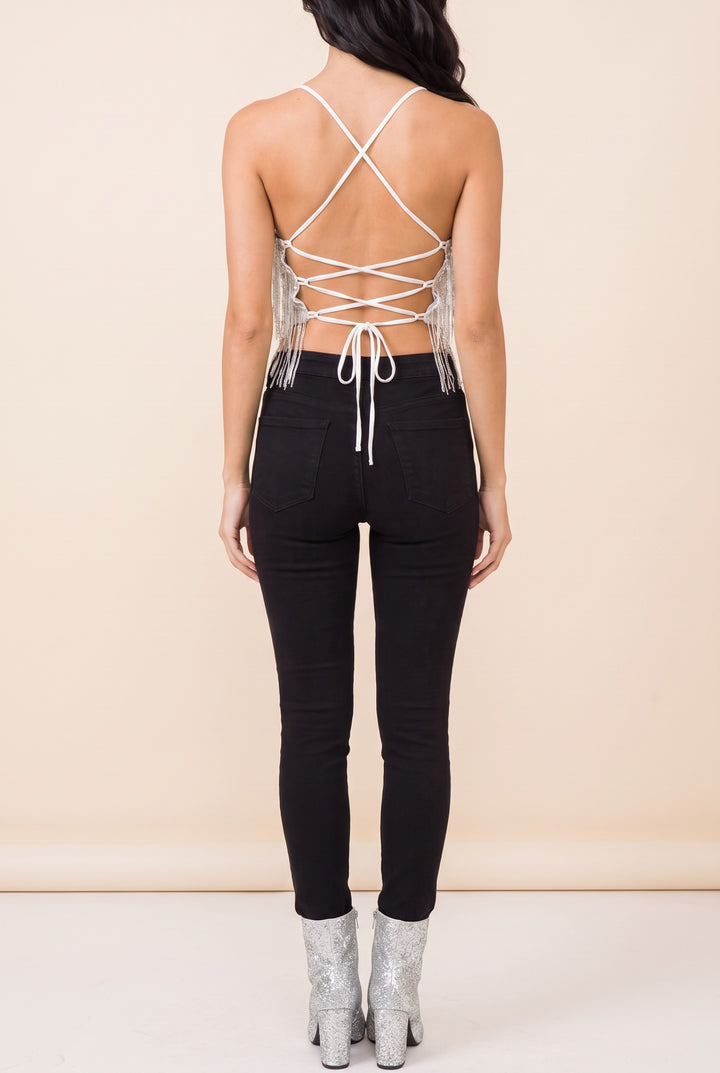 Back view of the Dancing in the Moonlight sequin fringe cami worn by our model.